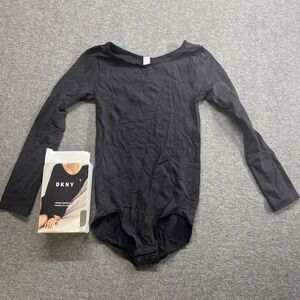 DKNY Intimates Combine-Slip Opaque Bodysuit M Long Sleeve Jersey Scoop Neck Snap